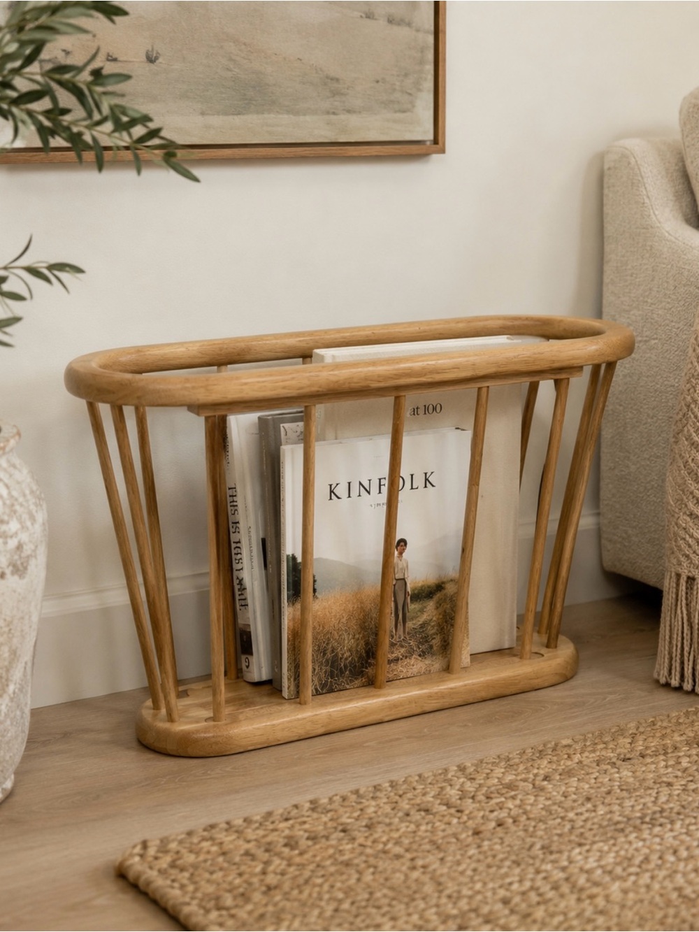 Mid-Century Modern Spindle Wood Magazine Rack Light Wood Tapered Oval Blonde